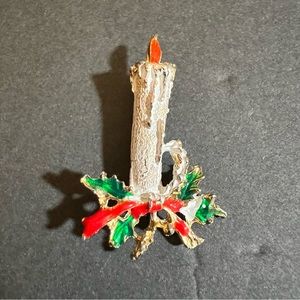 Vtg Holly Berry Christmas Candle Holiday Winter Brooch Scarf Lapel Pin